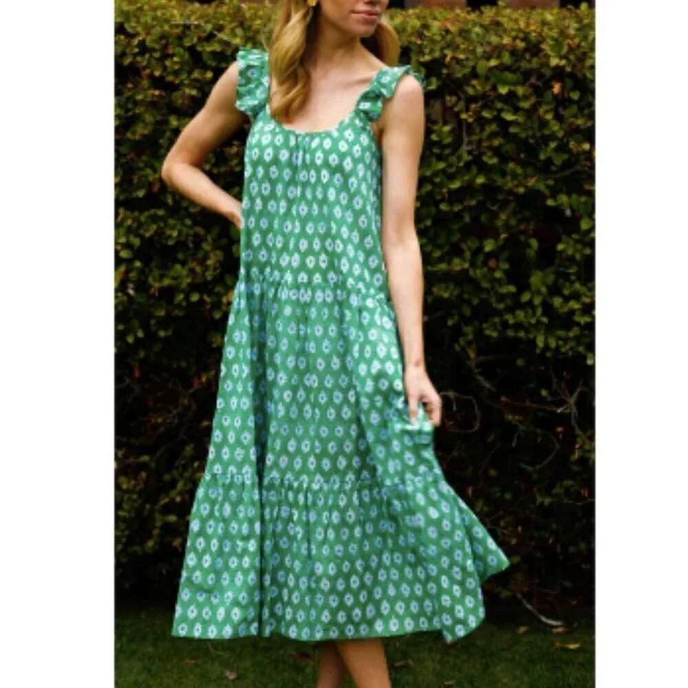 Anna Cate Green Tiered Midi Dress 100% Cotton Small Artisan Block Print Resort